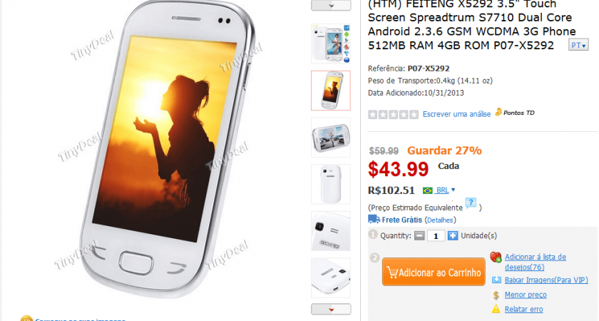 TinyDeal – Celular com Android por $43,99