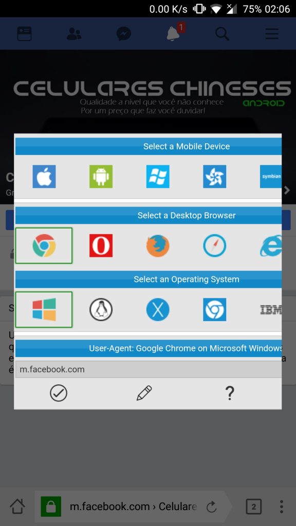 Menu de configurações da extensão User Agent Switcher