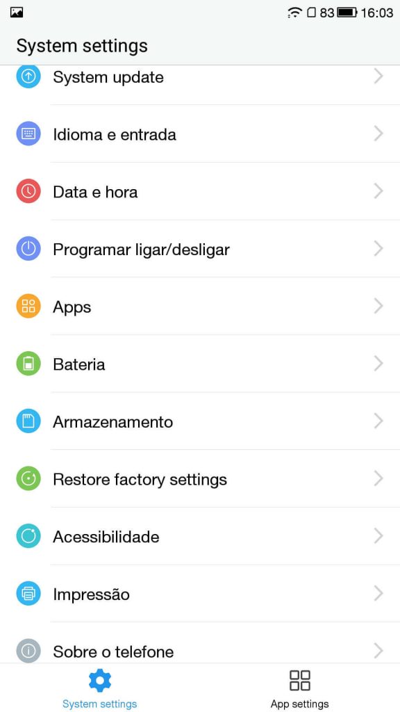 Menu de configurações do sistema do LETV Leeco One X600