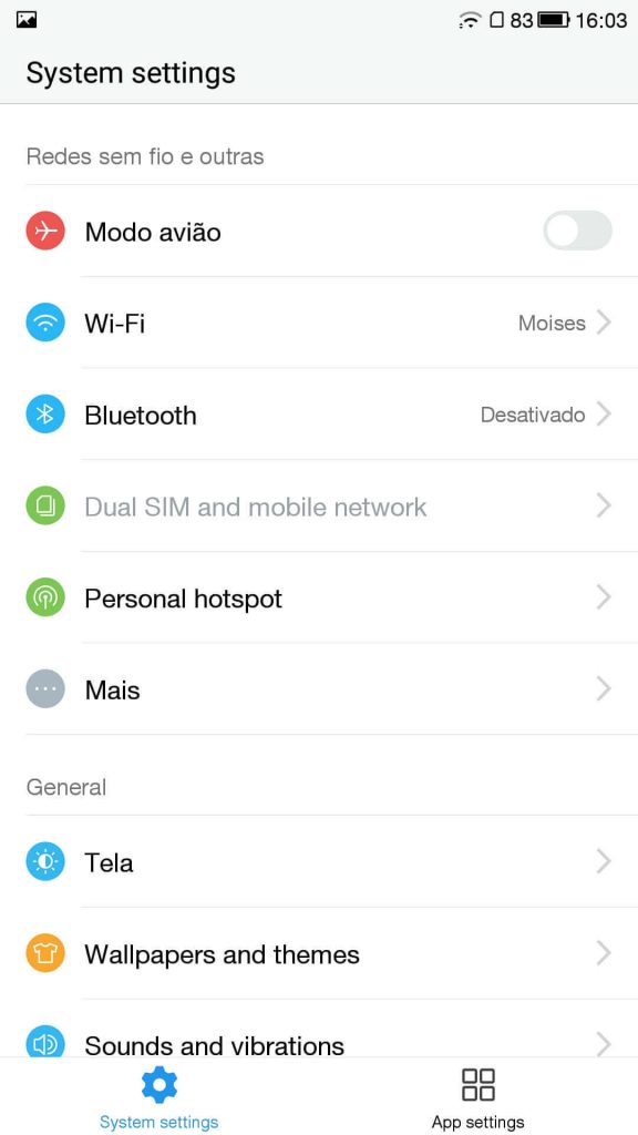 Menu de configurações do sistema do LETV Leeco One X600