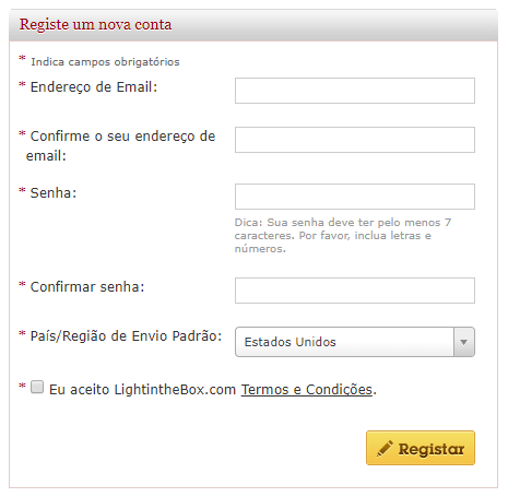 Formulário de cadastro da Light In The Box